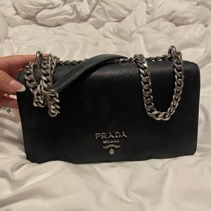 Selling Prada Saffiano Soft Calf Chain Handbag Black Leather Cross Body Bag